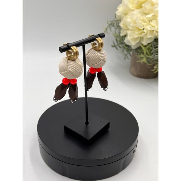 J. Crew Huggie Hoops with Yarn Knotted Ball Wood Beads Dangle  earrings - Picture 3 of 8